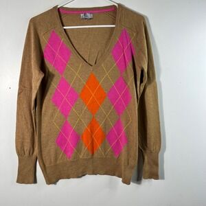 Womens JCP V Neck Cashmere Blend Argyle Sweater Tan Pink Orange L‎